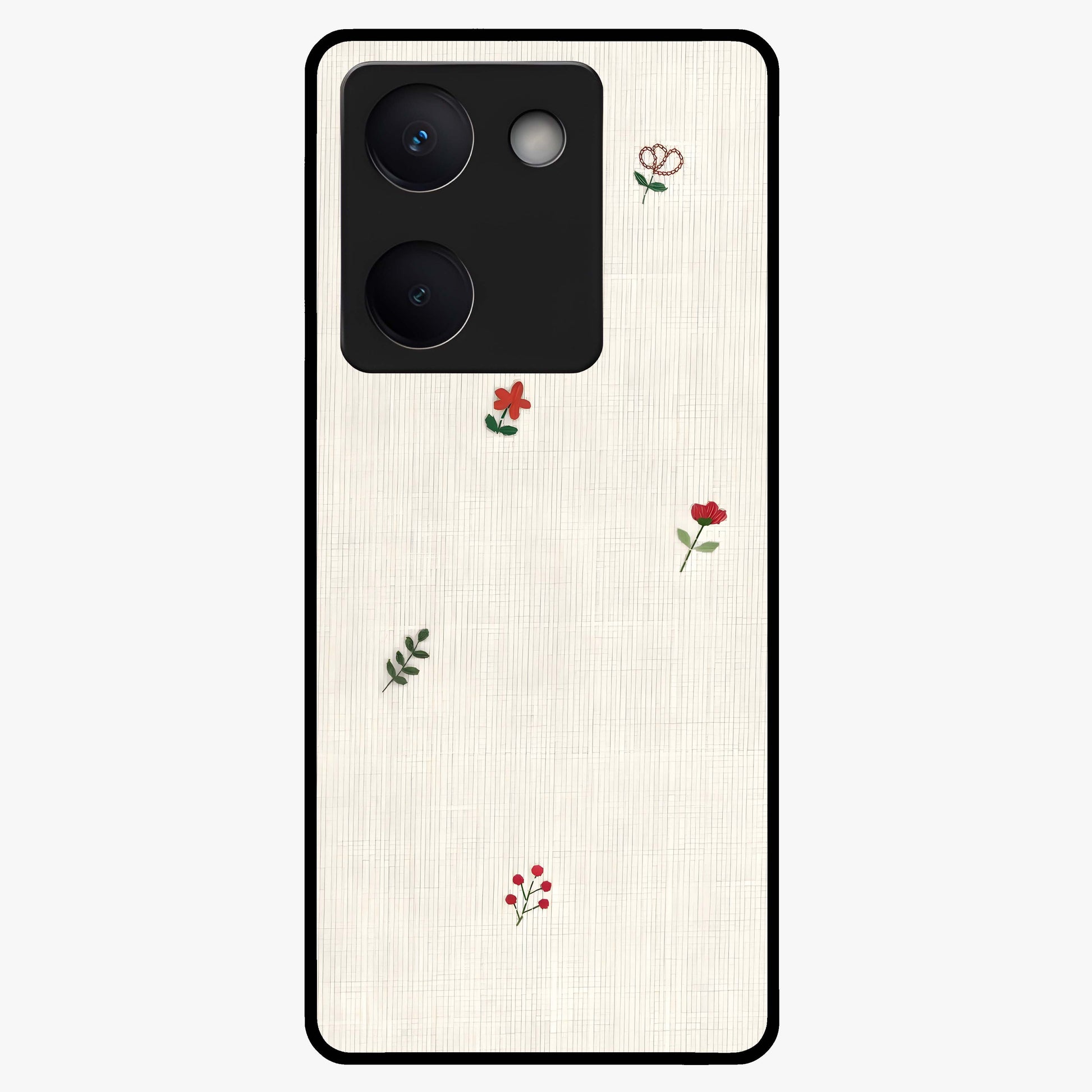 Minimal Petal Whispers Glass Case showing flat back view with soft minimal floral artwork and glossy glass finish.