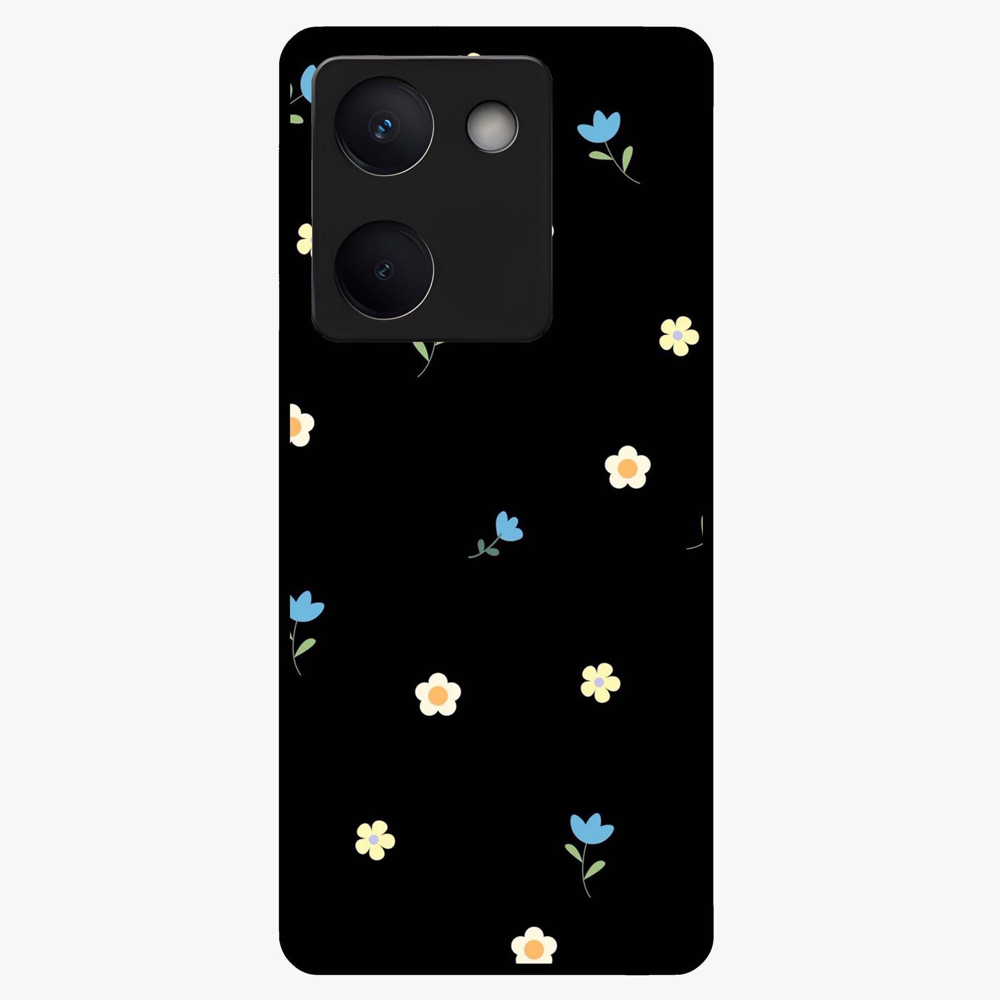 Minimalistic Blue With White Flower Pattern Glass Case showing flat back view with blue background and white flower pattern and glossy glass finish.