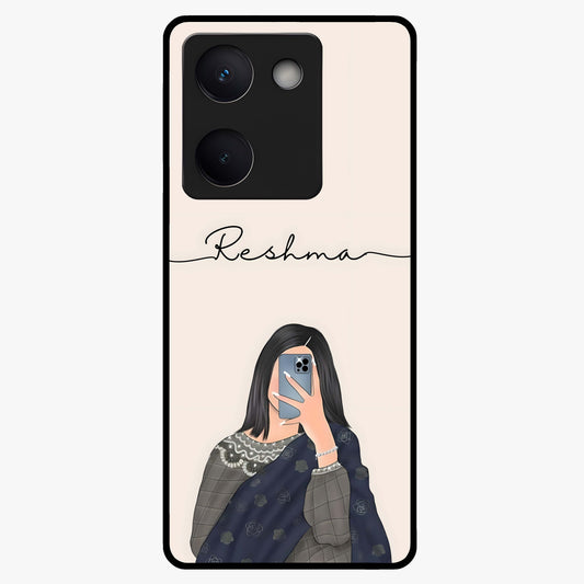 Mirror Mood Muse With Custom Name Glass Case showing flat back view with stylish mirrored artwork and personalized name design.