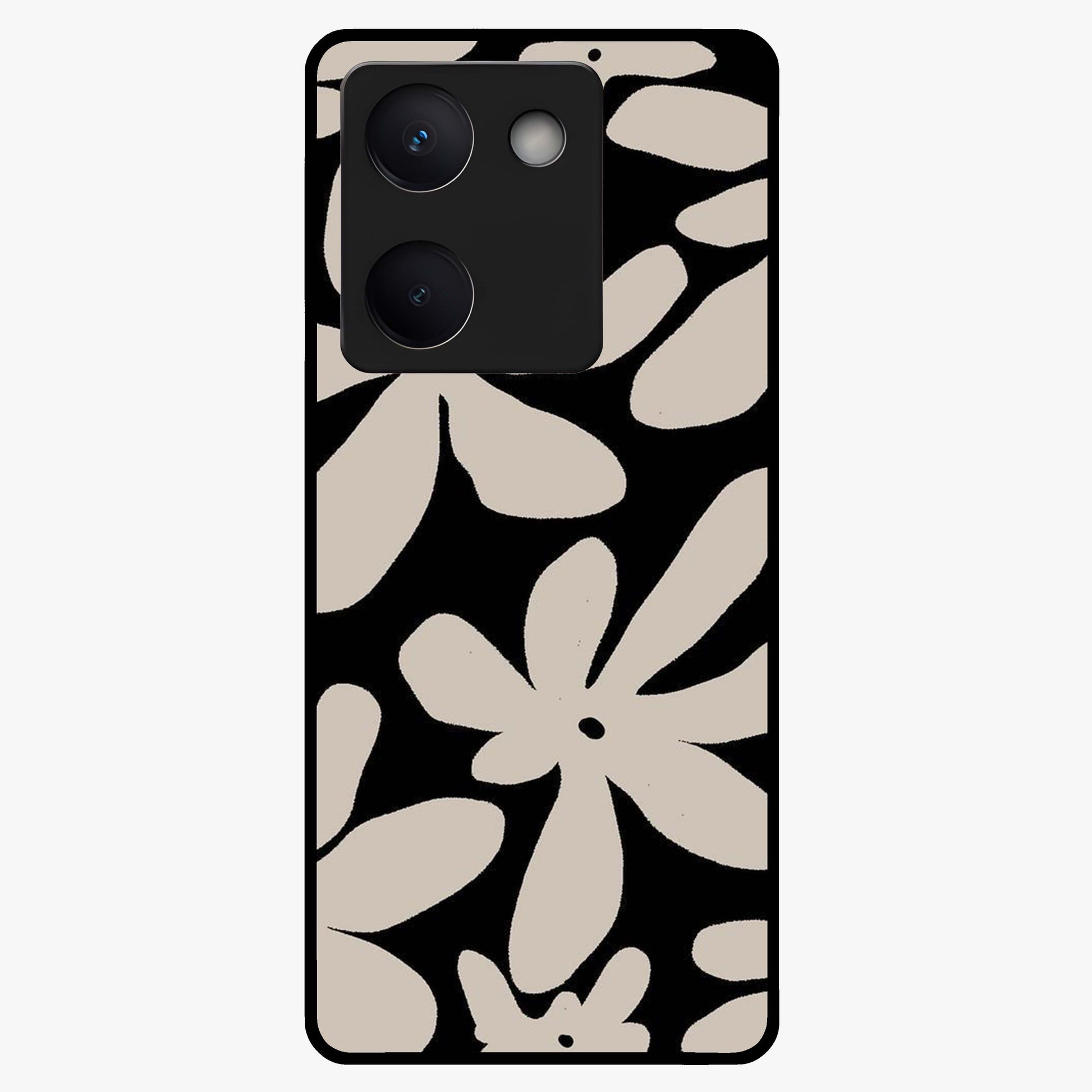 Monochrome Petal Dance Glass Case showing flat back view with monochrome floral artwork and glossy glass finish.