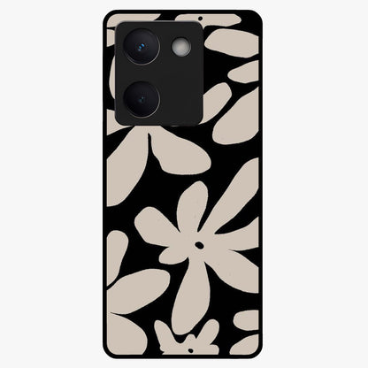 Monochrome Petal Dance Glass Case showing flat back view with monochrome floral artwork and glossy glass finish.