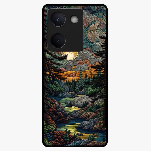 Moonlight Forest Dream Glass Case showing flat back view with mystical forest moonlight artwork and glossy glass finish.