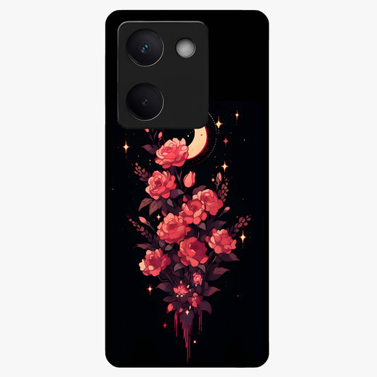 Moonlit Floral Elegance Glass Case showing flat back view with elegant floral artwork under moonlit tones and glossy glass finish.
