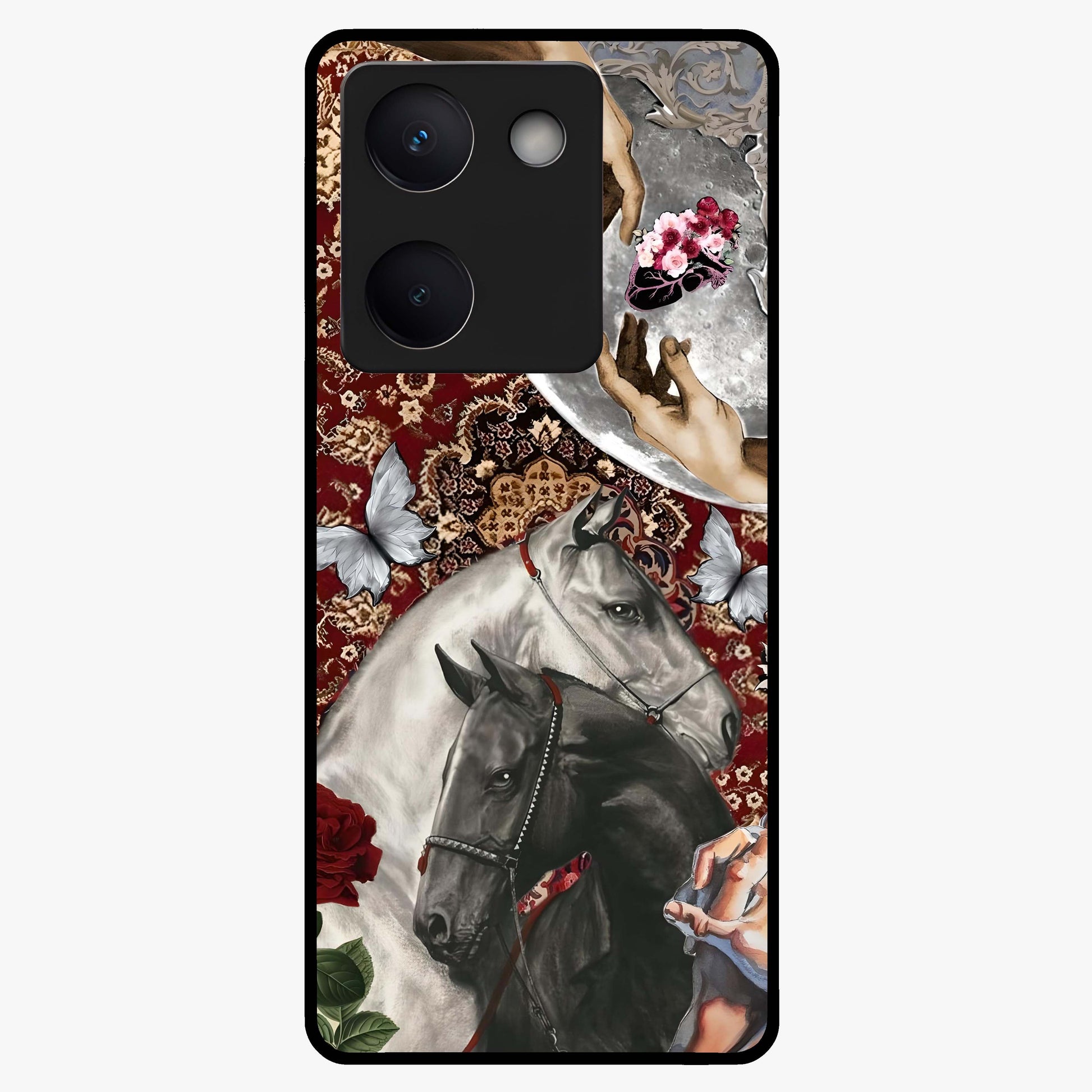 Moonlit Royal Stallion Glass Case showing flat back view with majestic horse under moonlight artwork and glossy glass finish.