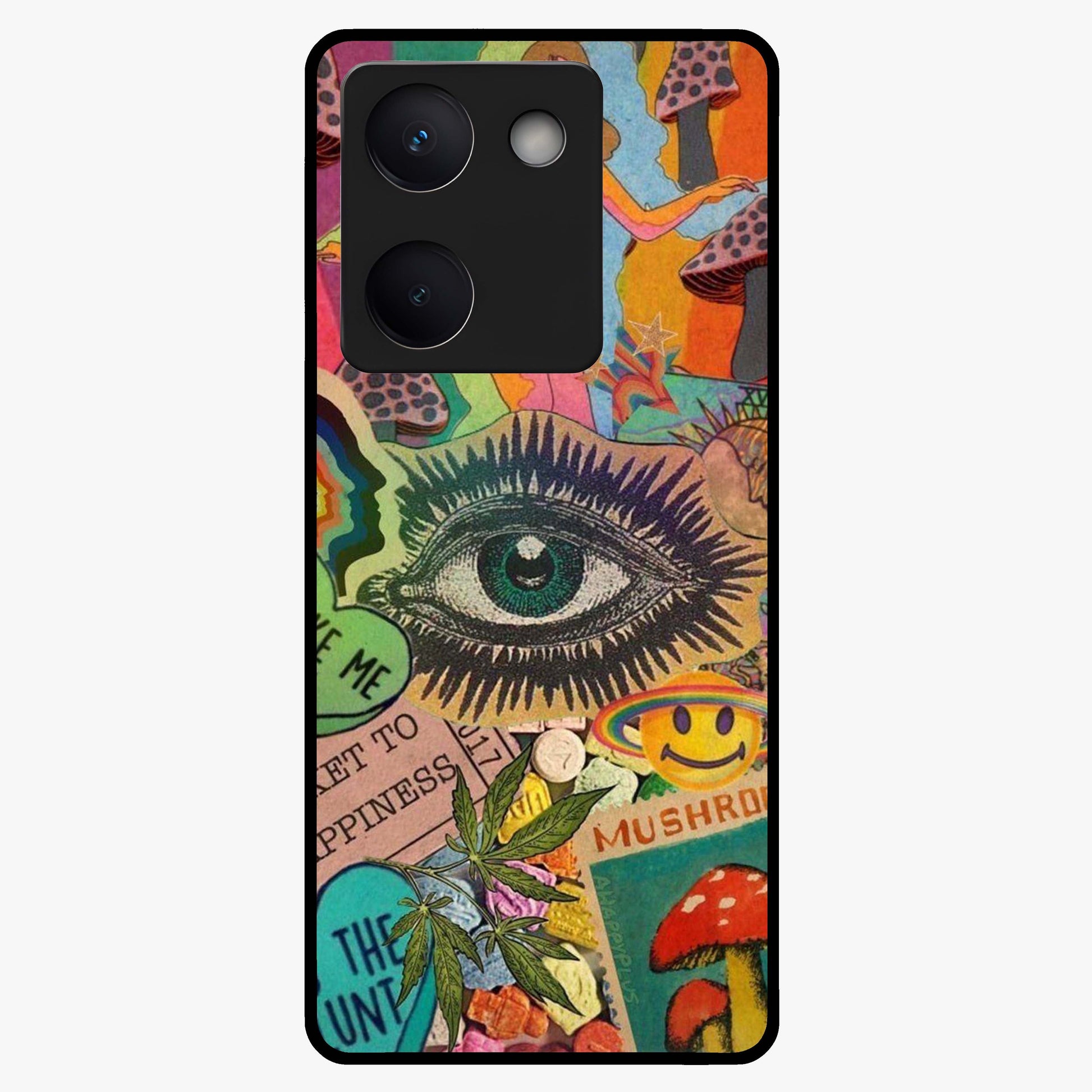 Mystic Eye Wonderland Glass Case showing flat back view with mystical eye themed artwork and glossy glass finish.