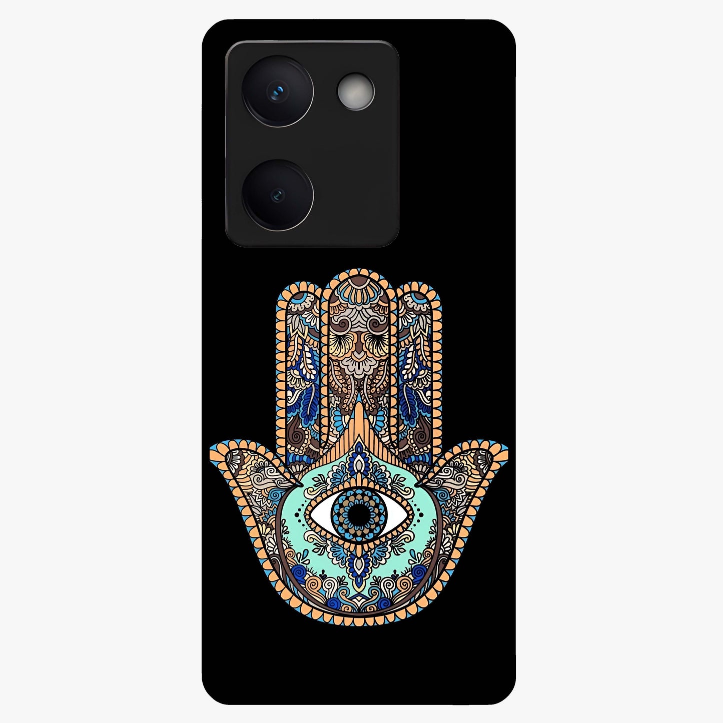 Mystic Hamsa Eye Glass Case showing flat back view with protective hamsa hand and evil eye artwork and glossy glass finish.