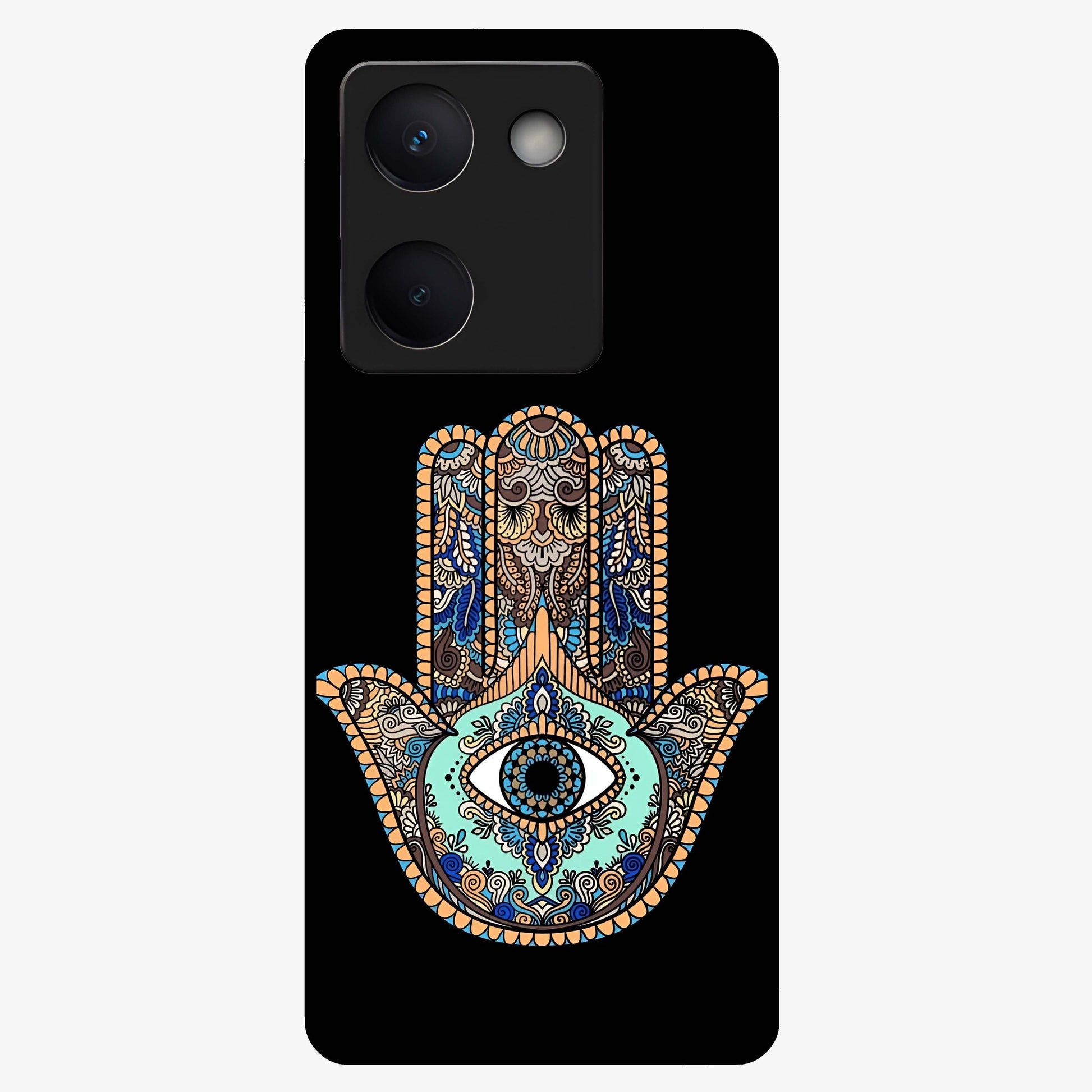 Mystic Hamsa Eye Glass Case showing flat back view with protective hamsa hand and evil eye artwork and glossy glass finish.