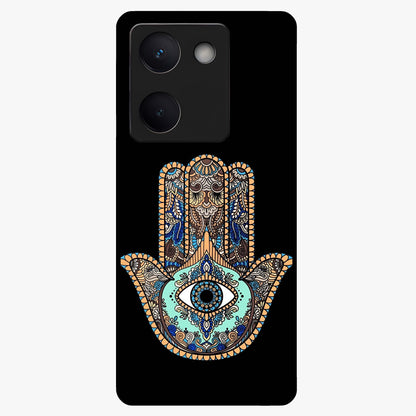 Mystic Hamsa Eye Glass Case showing flat back view with protective hamsa hand and evil eye artwork and glossy glass finish.