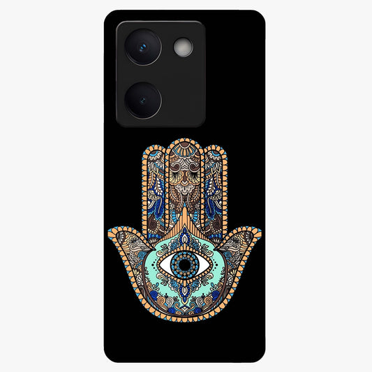 Mystic Hamsa Eye Glass Case showing flat back view with protective hamsa hand and evil eye artwork and glossy glass finish.