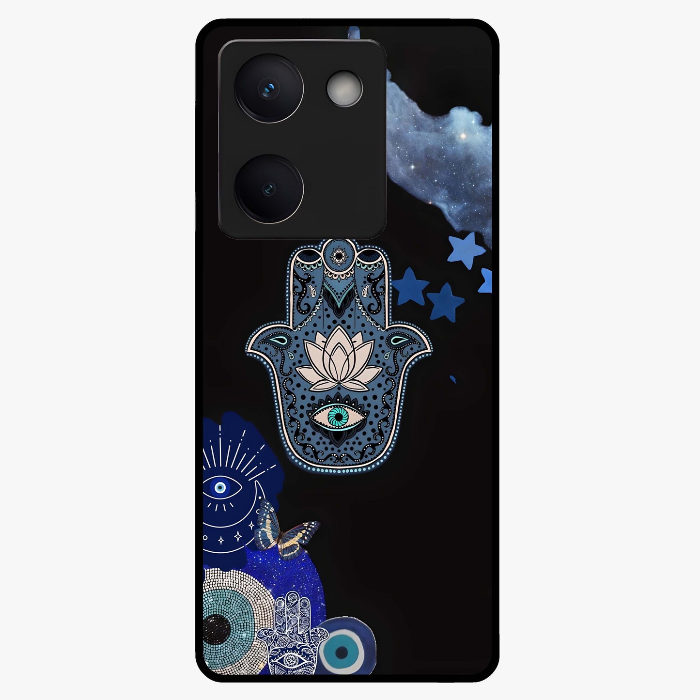Mystic Hand Aura Glass Case showing flat back view with mystical hand symbol artwork and glossy glass finish.