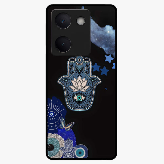 Mystic Hand Aura Glass Case showing flat back view with mystical hand symbol artwork and glossy glass finish.