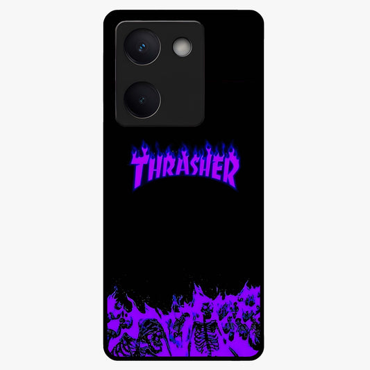 Neon Flame Riot Glass Case showing flat back view with neon flame artwork and glossy glass finish.