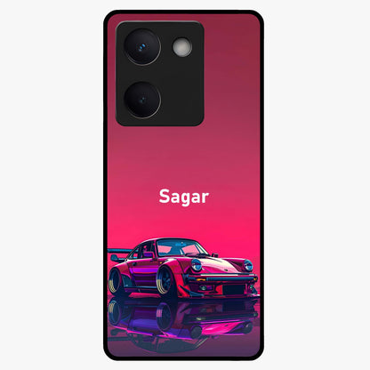 Neon Pink Porsche Glass Case showing flat back view with stylish sports car artwork and glossy glass finish.