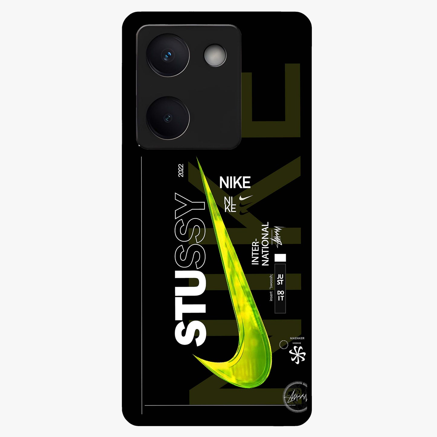 Neon Street Edition Glass Case showing flat back view with neon street style artwork and glossy glass finish.