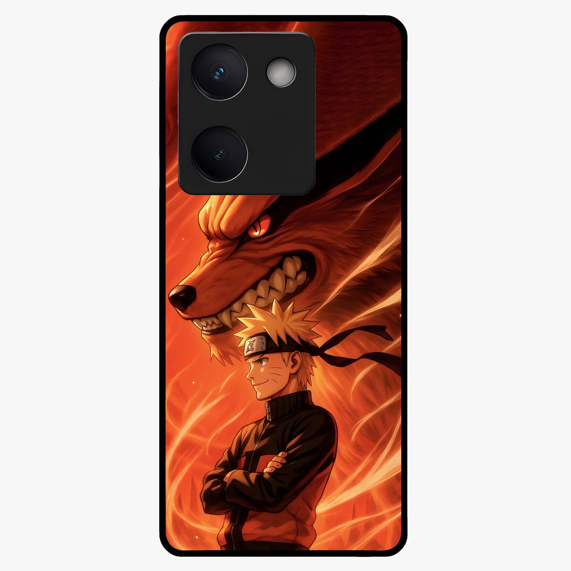 Nine Tails Legacy Glass Case showing flat back view with powerful nine-tailed fox inspired artwork and glossy glass finish.