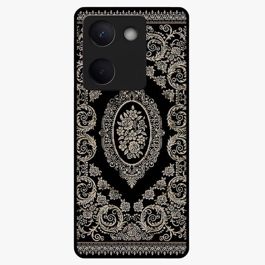 Noir Bloom Elegance Glass Case showing flat back view with elegant dark floral artwork and glossy glass finish.