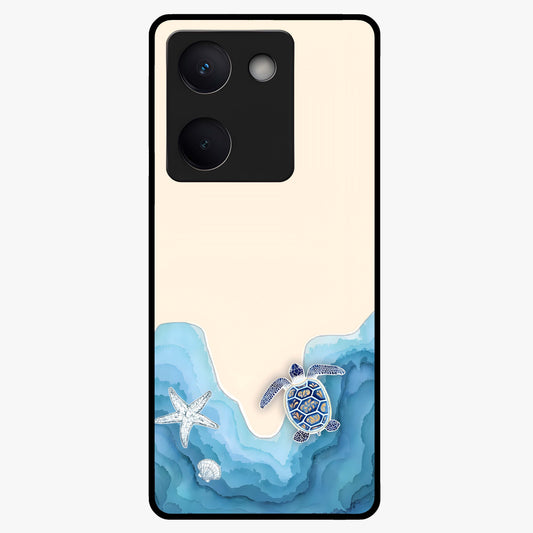 Ocean Drift Turtle Glass Case showing flat back view with sea turtle artwork and glossy glass finish.