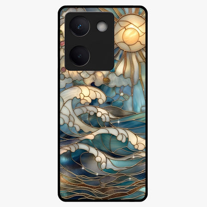 Oceanic Stained Printed Glass Case showing flat back view with ocean inspired stained pattern artwork and glossy glass finish.