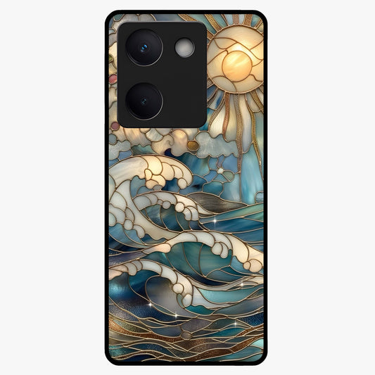 Oceanic Stained Printed Glass Case showing flat back view with ocean inspired stained pattern artwork and glossy glass finish.