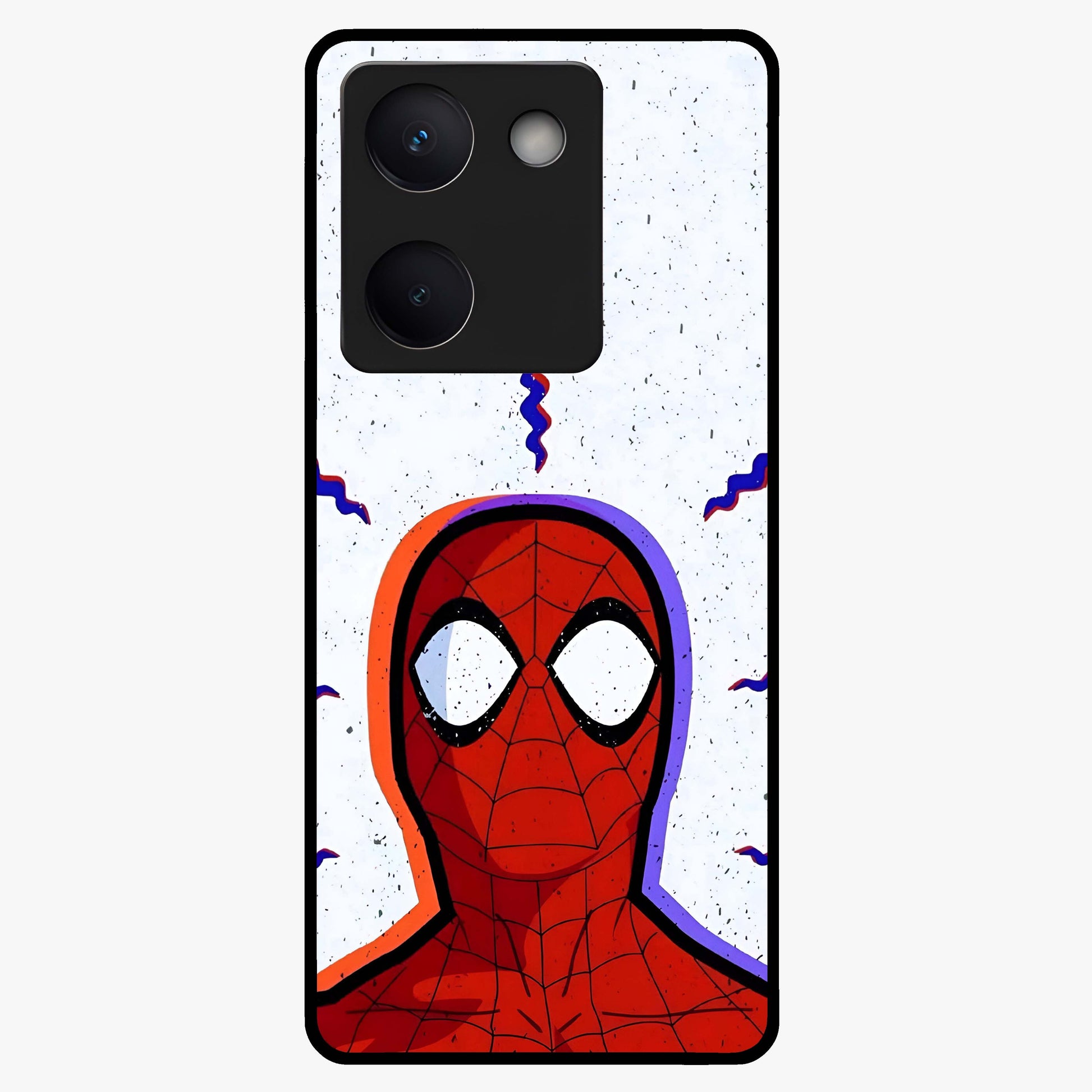 Omg Spiderman Glass Case showing flat back view with bold superhero inspired artwork and glossy glass finish.