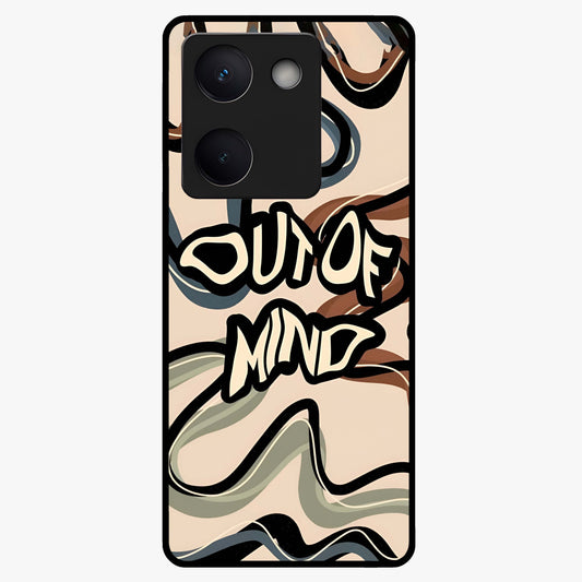 Out Of Mind Glass Case showing flat back view with expressive typography artwork and glossy glass finish.