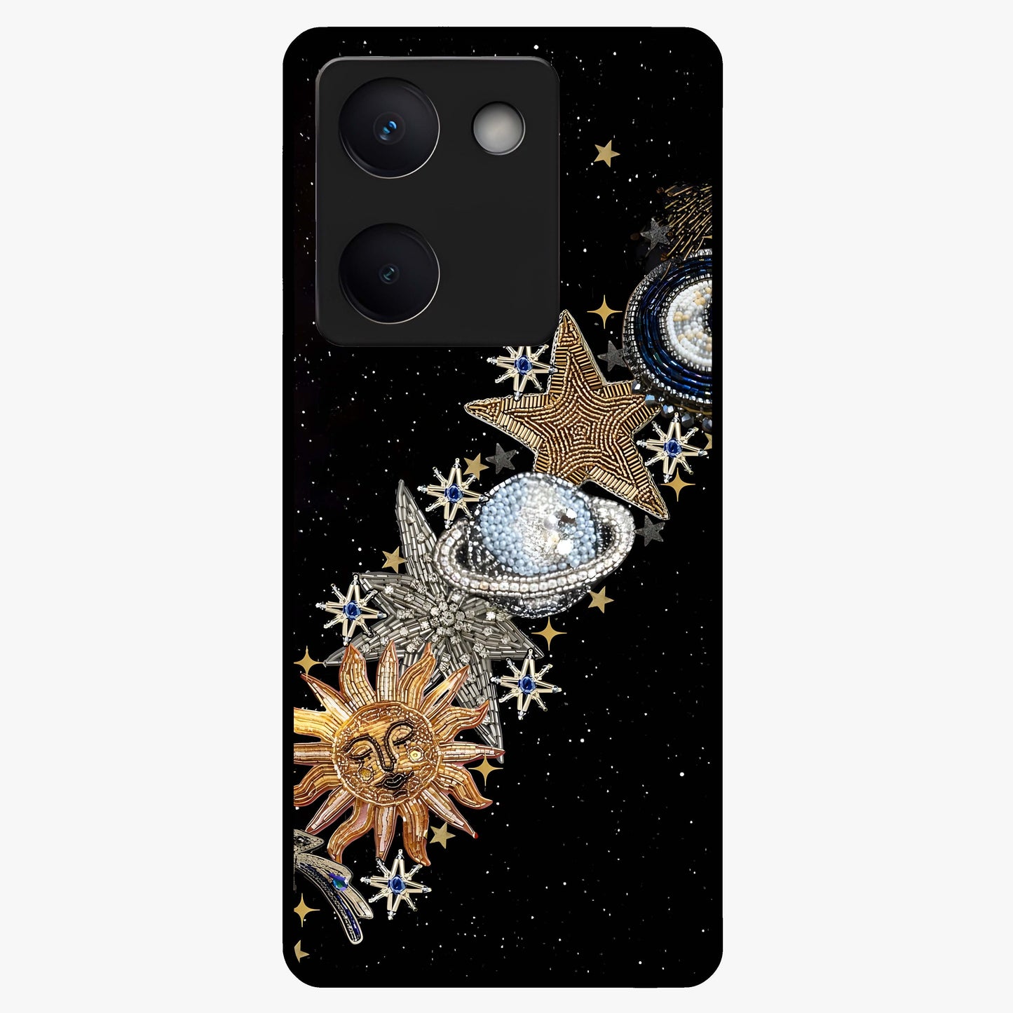Pearls Universe Object Glass Case showing flat back view with pearl inspired cosmic artwork and glossy glass finish.