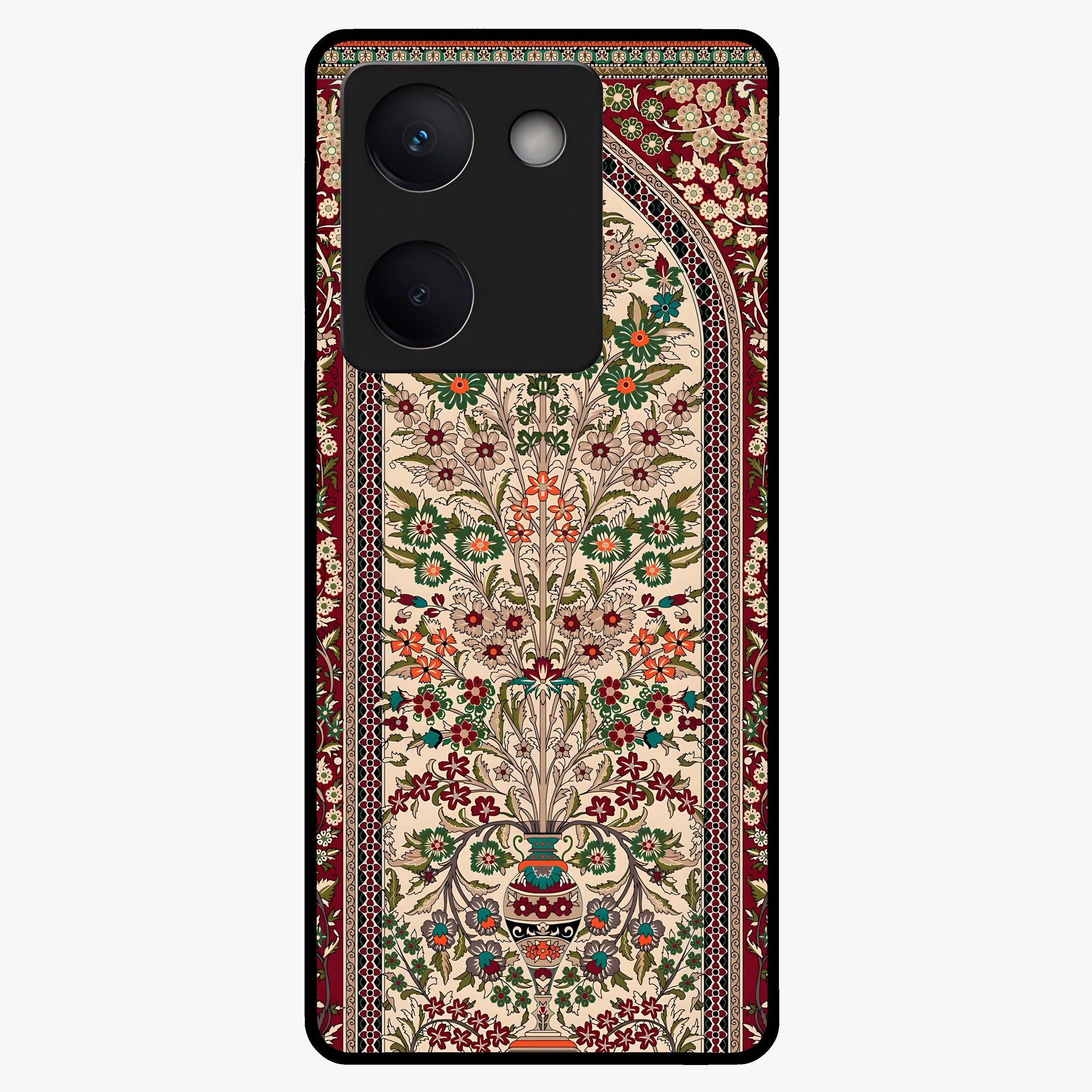 Persian Inspired Glass Case showing flat back view with ornate Persian style pattern artwork and glossy glass finish.