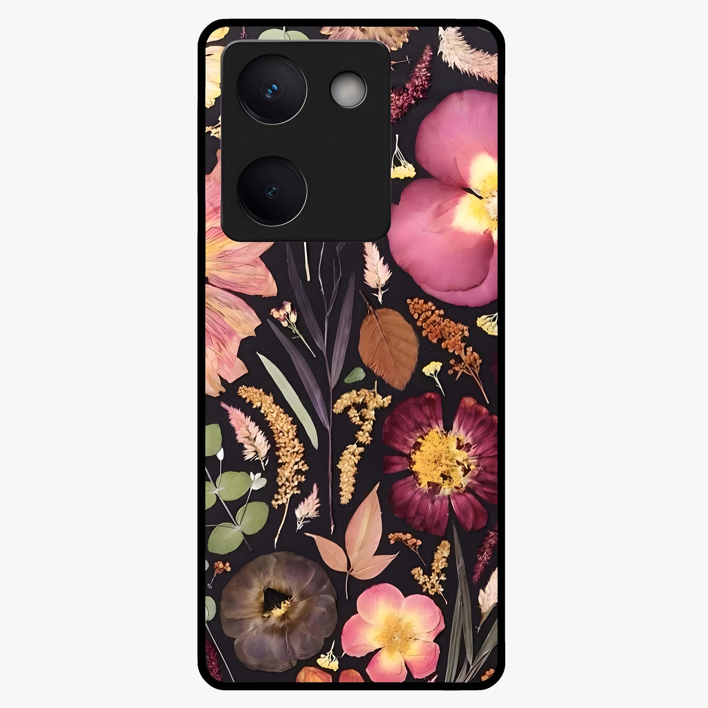 Petal Dream Tapestry Glass Case showing flat back view with intricate floral tapestry artwork and glossy glass finish.