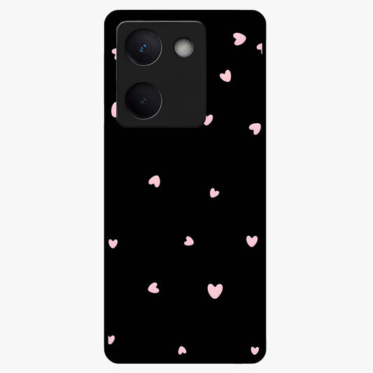 Pink Love Drops Glass Case showing flat back view with playful pink heart drops artwork and glossy glass finish.
