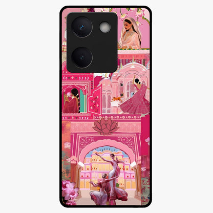 Pink Palace Muse Glass Case showing flat back view with elegant palace inspired artwork and glossy glass finish.