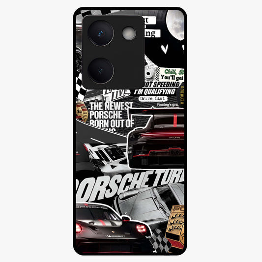 Porsche Racing Collage Glass Case showing flat back view with sports car racing collage artwork and glossy glass finish.