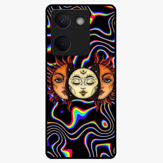 Psychedelic Sun Glass Case showing flat back view with colorful psychedelic sun artwork and glossy glass finish.