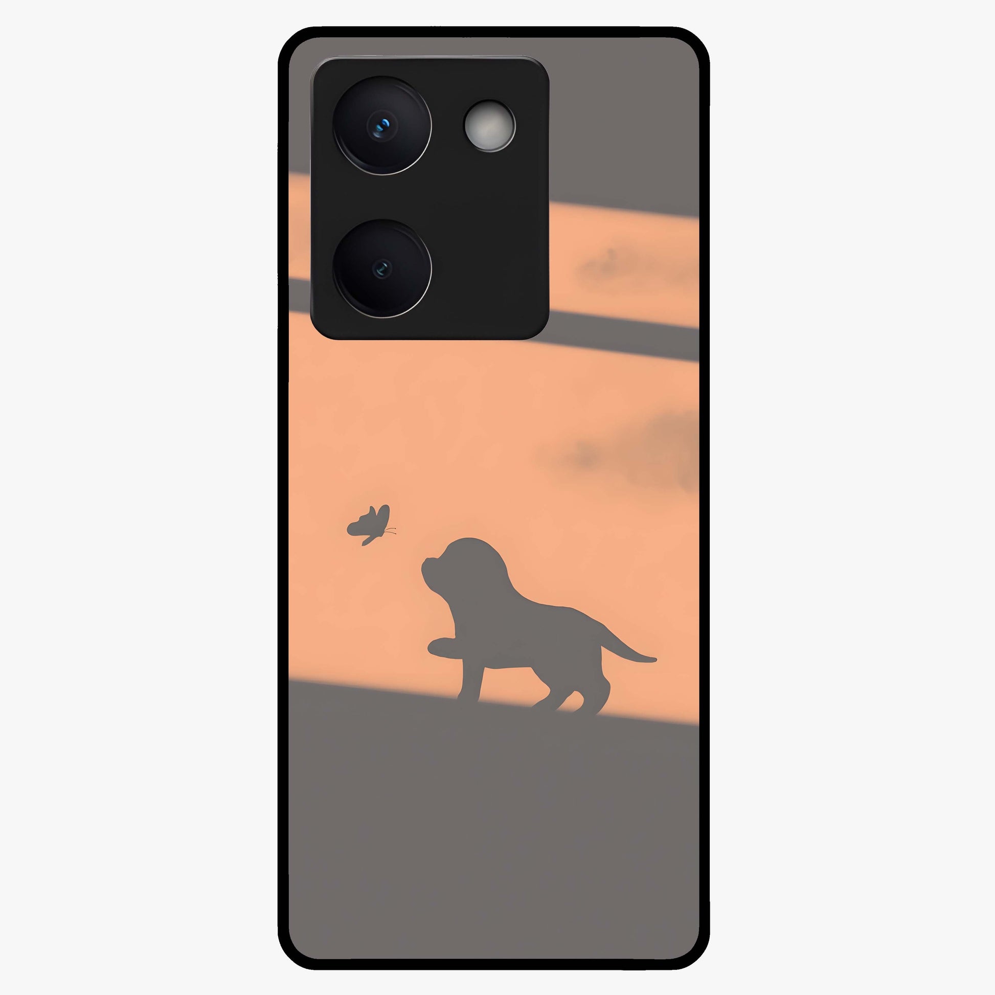 Puppy Shadow Art Glass Case showing flat back view with cute puppy shadow style artwork and glossy glass finish.