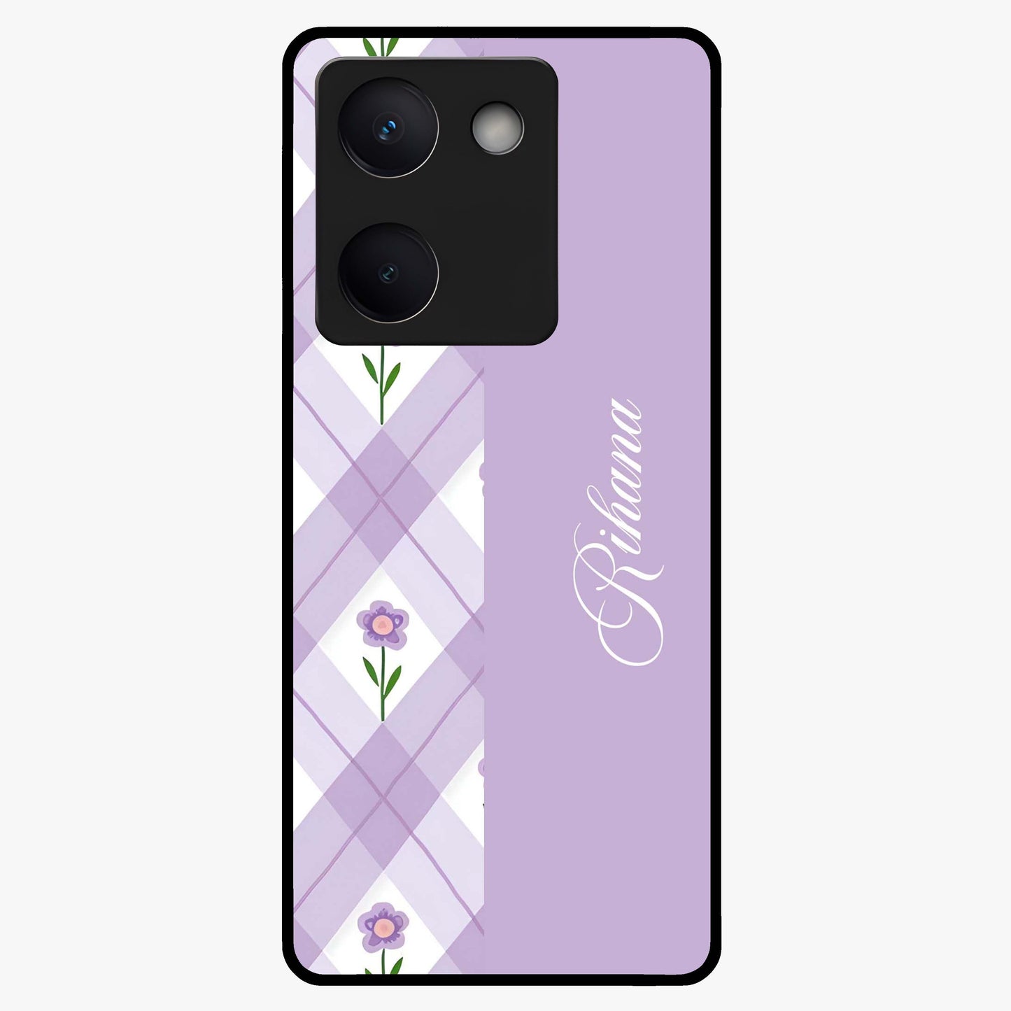 Purple Diamond Floral Glass Case showing flat back view with diamond shaped floral artwork and glossy glass finish.
