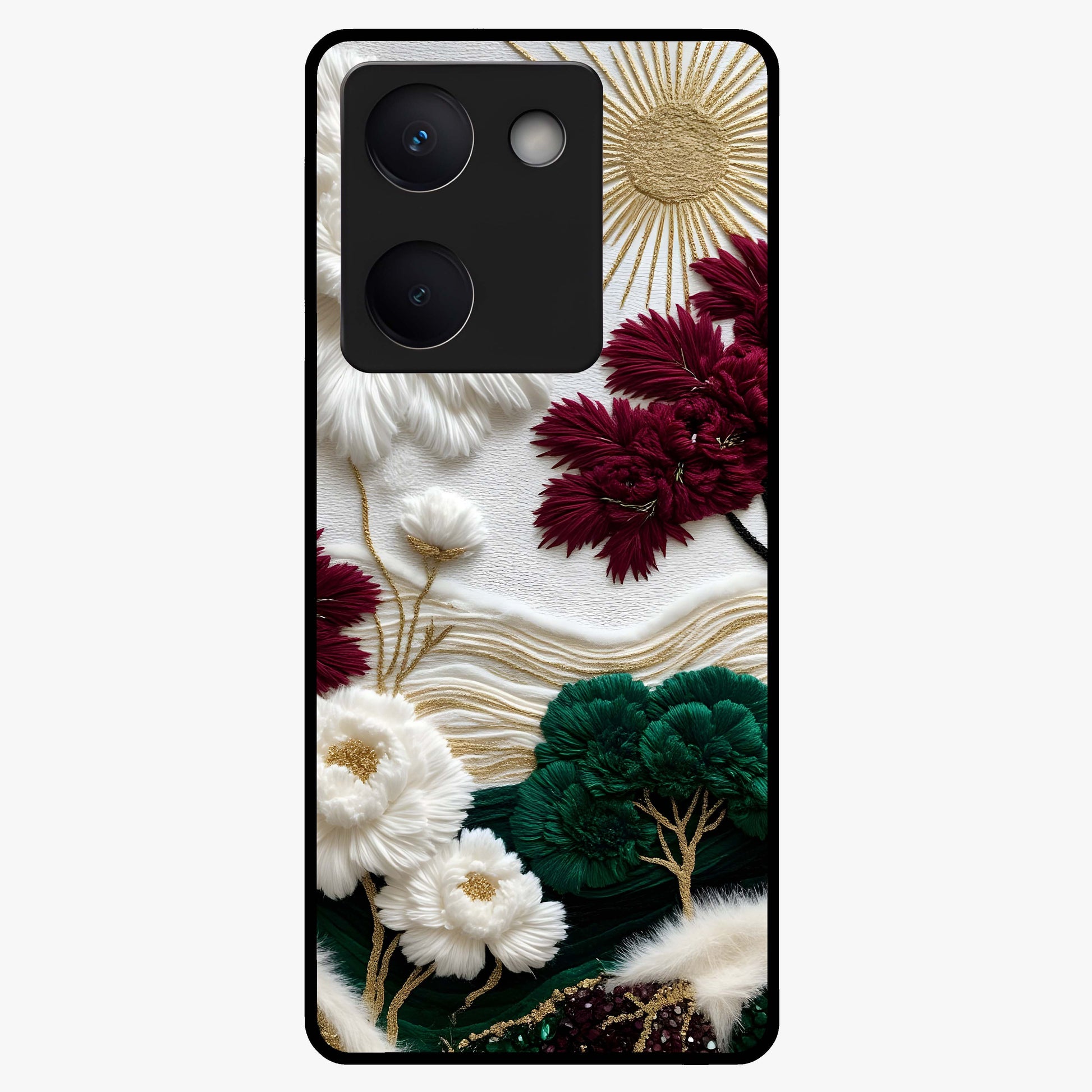 Radiant Bloom Elegance Glass Case showing flat back view with elegant blooming flower artwork and glossy glass finish.