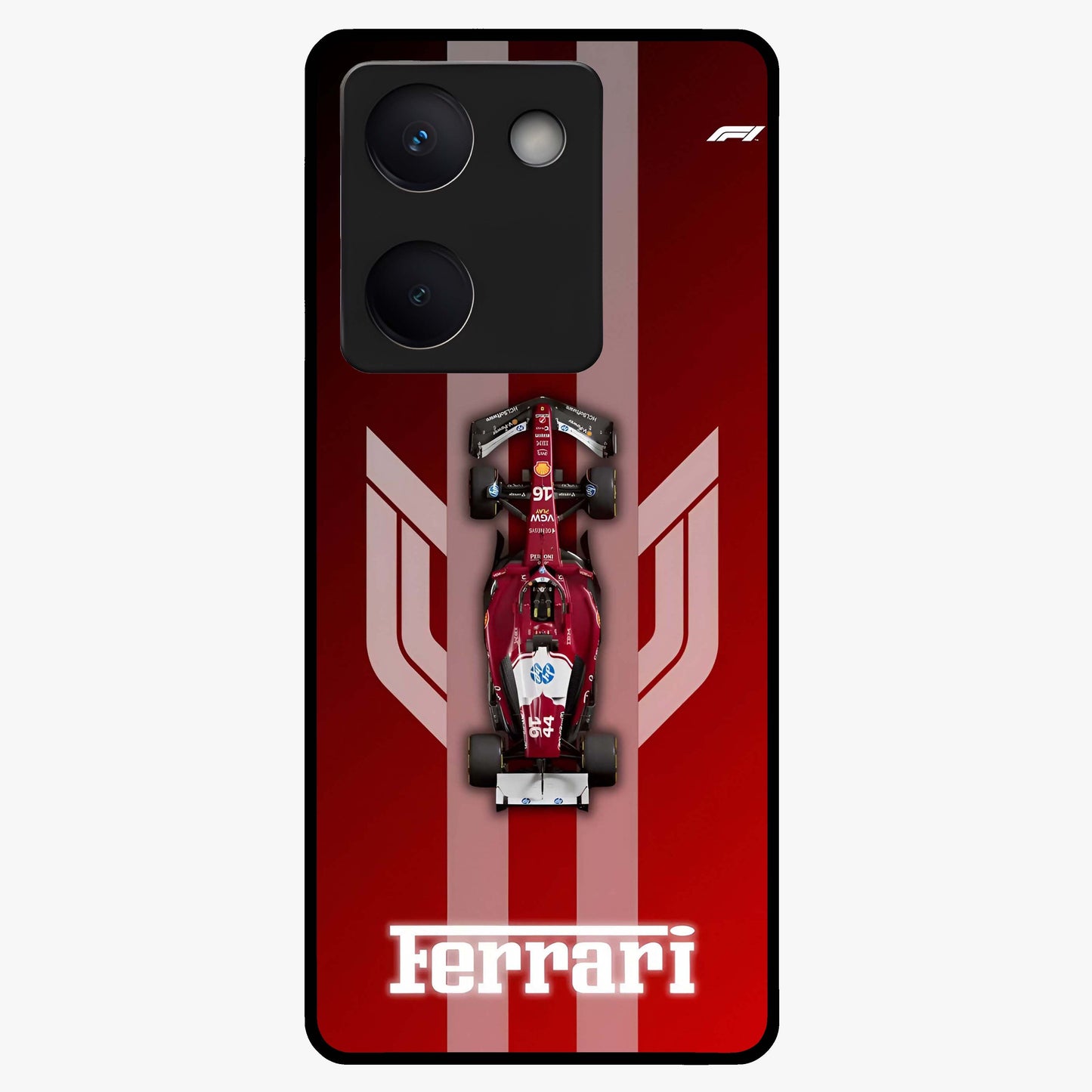 Red Ferrari F1 Vertical Glass Case showing flat back view with sleek Formula racing car artwork and glossy glass finish.