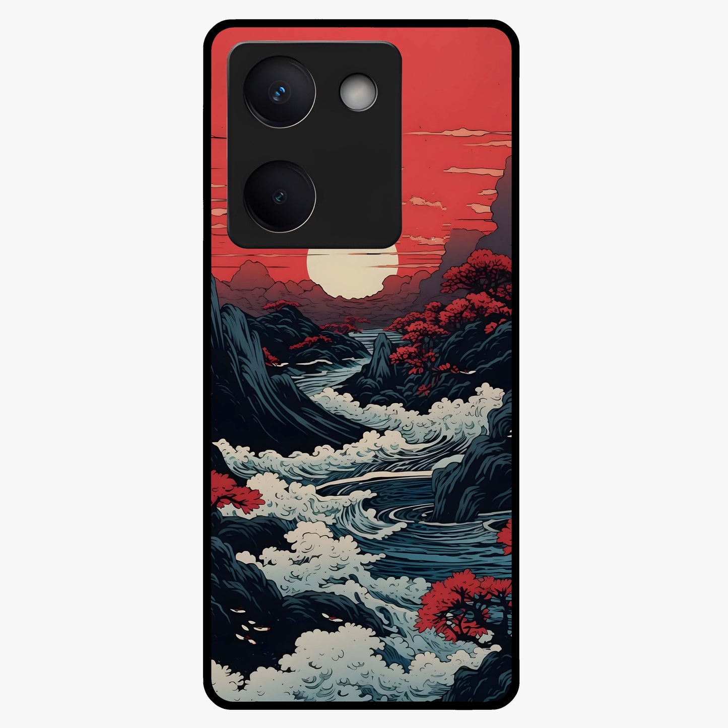 Red Sunset Scenery Glass Case showing flat back view with vibrant sunset landscape artwork and glossy glass finish.