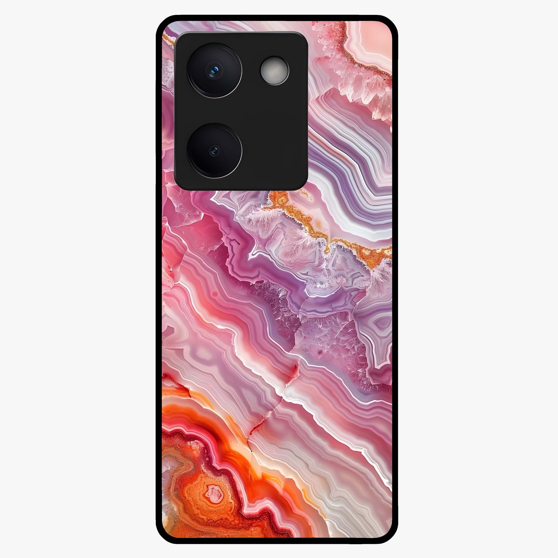 Rose Quartz Marble Glass Case showing flat back view with pink marble quartz texture artwork and glossy glass finish.