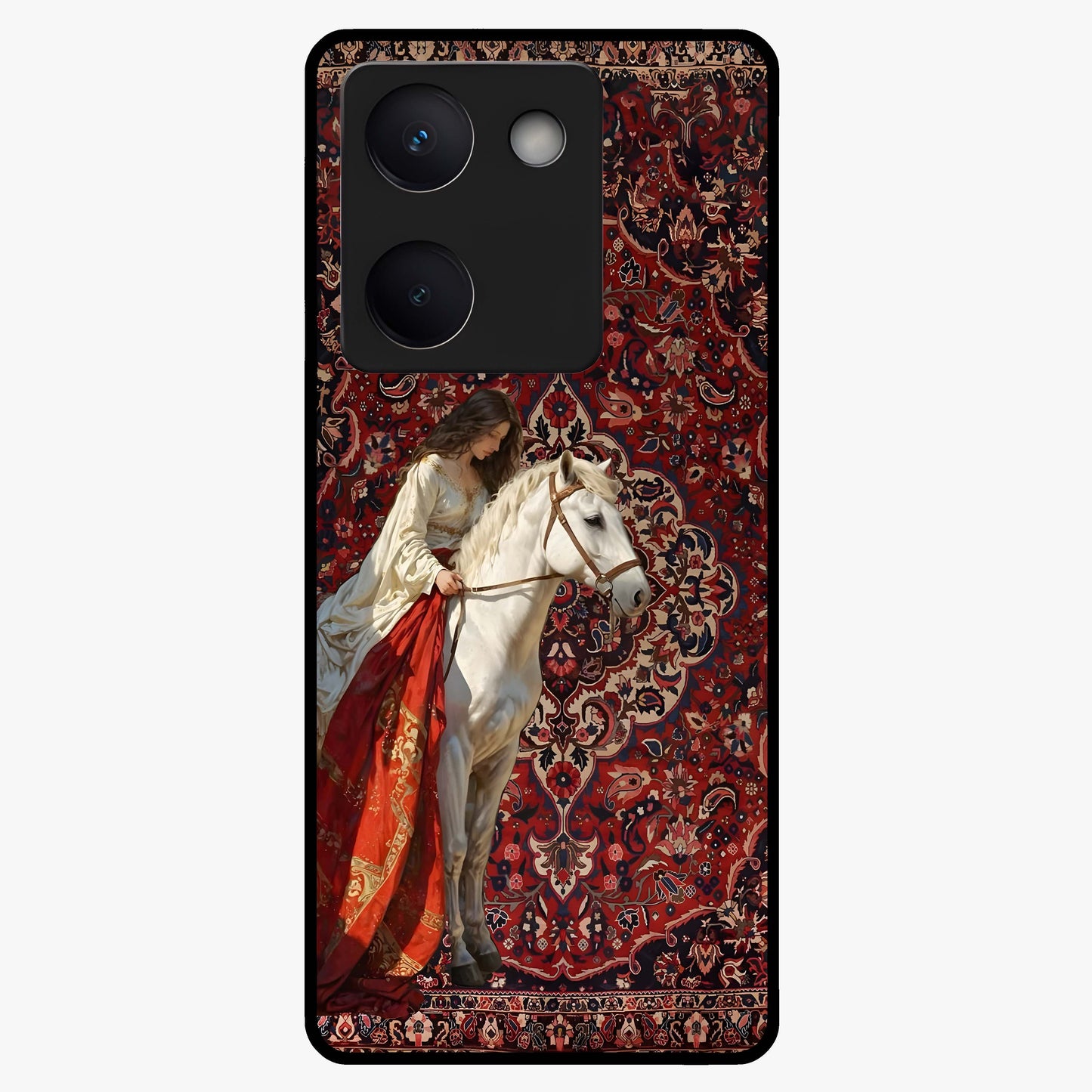 Royal Rider Tapestry Glass Case showing flat back view with majestic horse rider tapestry artwork and glossy glass finish.