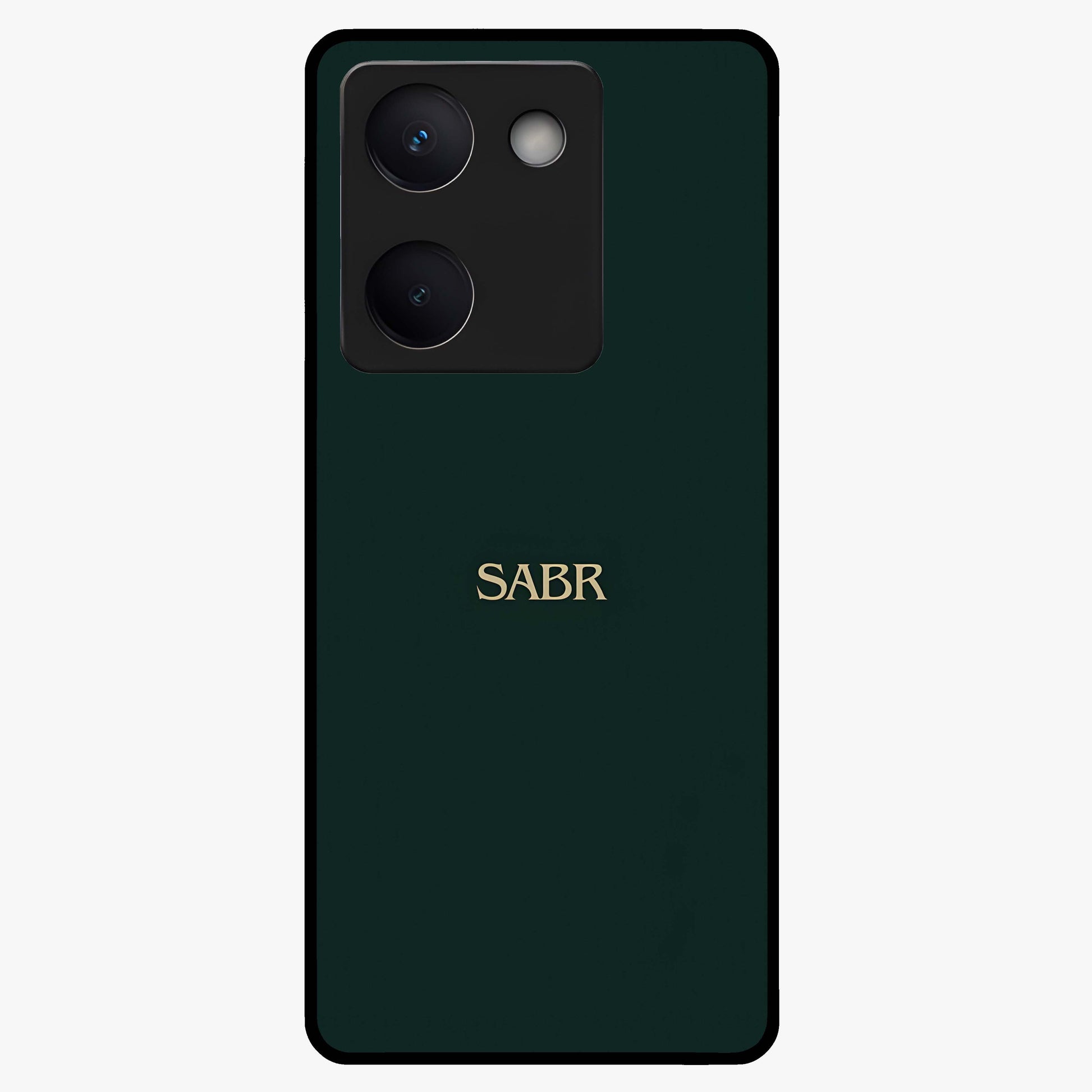 Sabr Minimal Patience Glass Case showing flat back view with minimalist typography artwork and glossy glass finish.