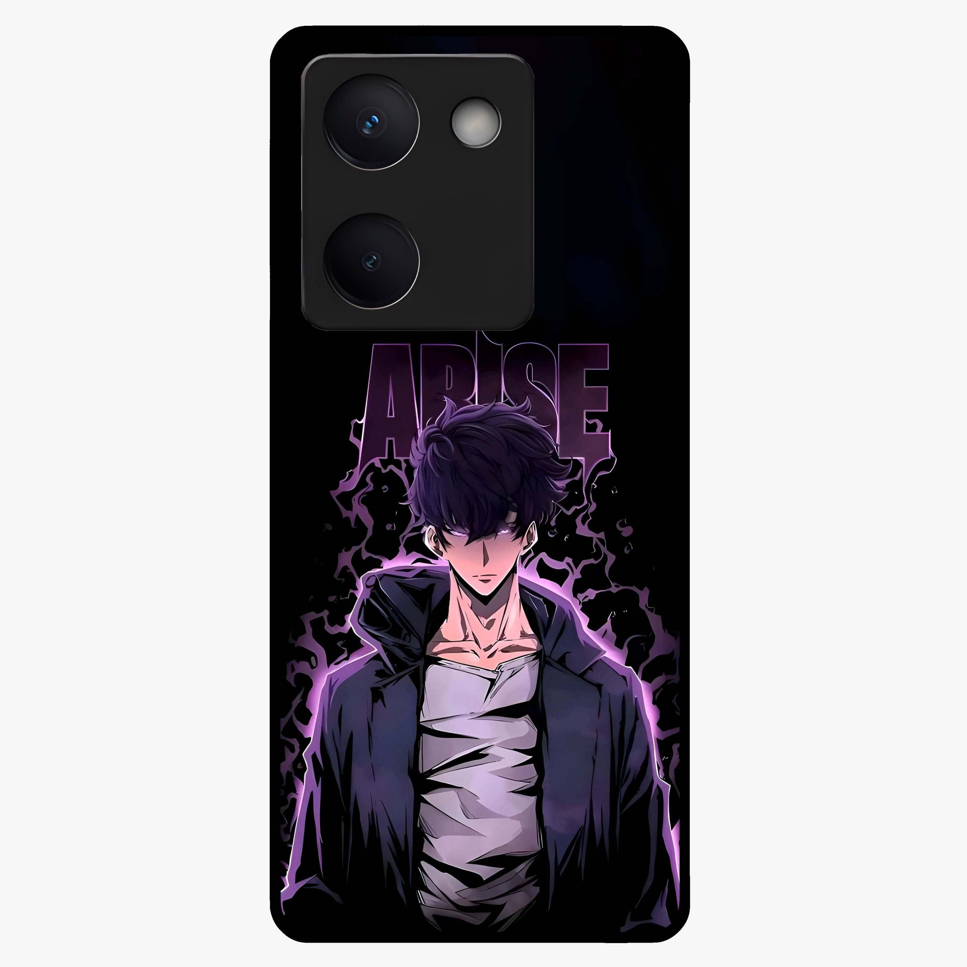 Shadow Monarch Awakening Glass Case showing flat back view with powerful dark monarch themed artwork and glossy glass finish.