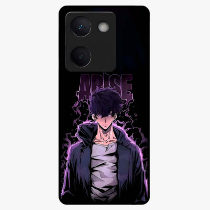Shadow Monarch Awakening Glass Case showing flat back view with powerful dark monarch themed artwork and glossy glass finish.