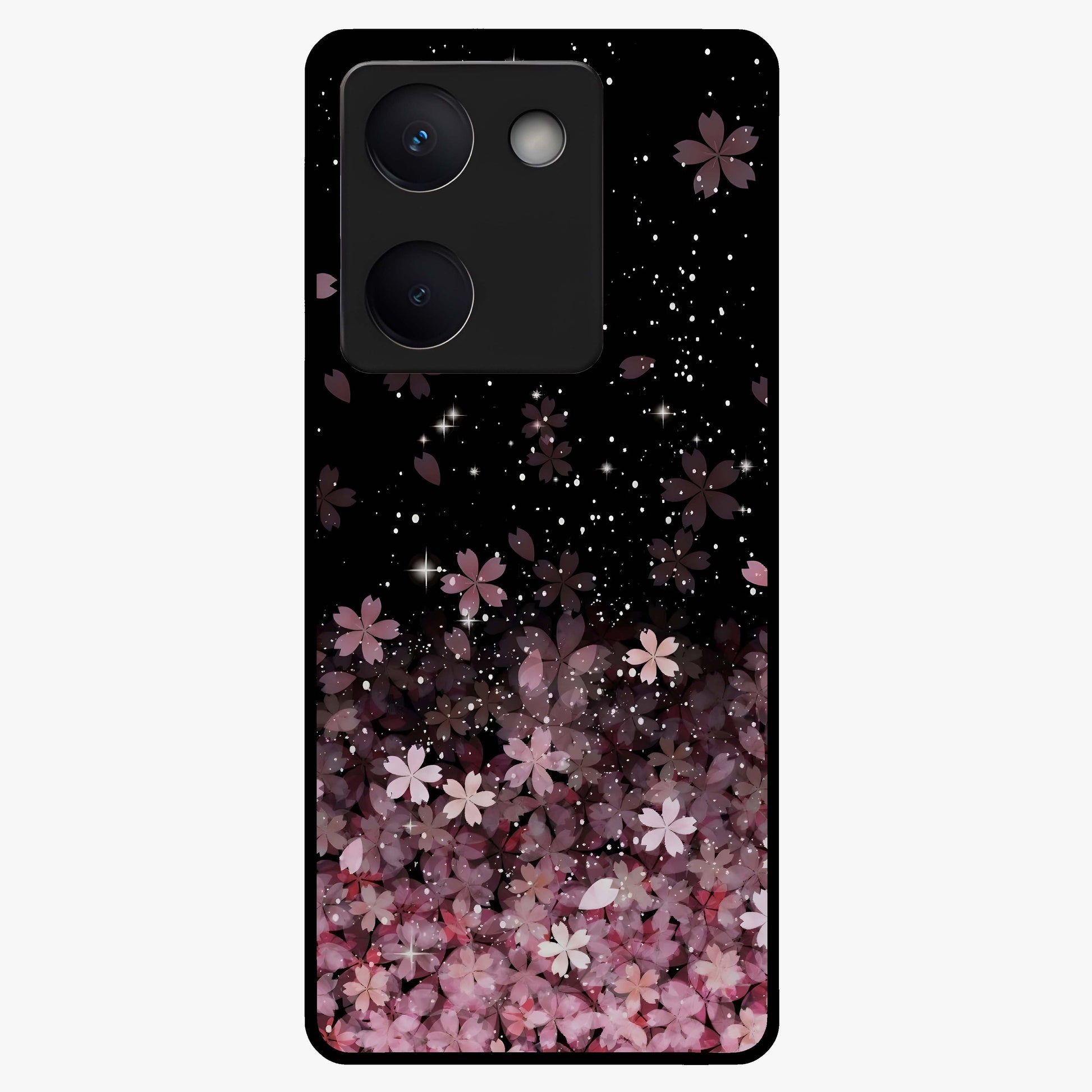 Small Starry Flowers Glass Case showing flat back view with delicate starry floral artwork and glossy glass finish.