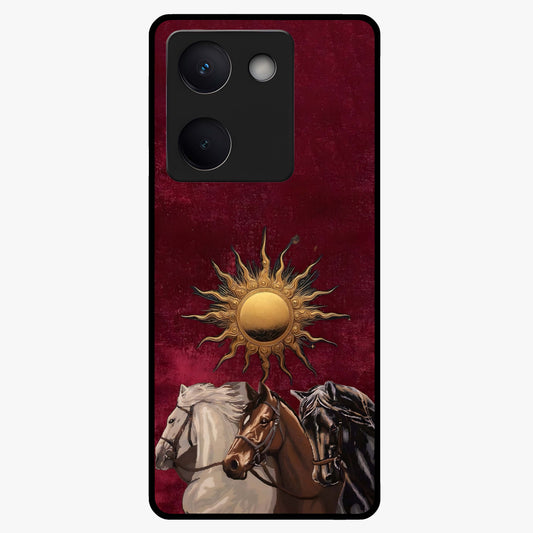 Solar Riders Glass Case showing flat back view with dynamic rider themed artwork and glossy glass finish.