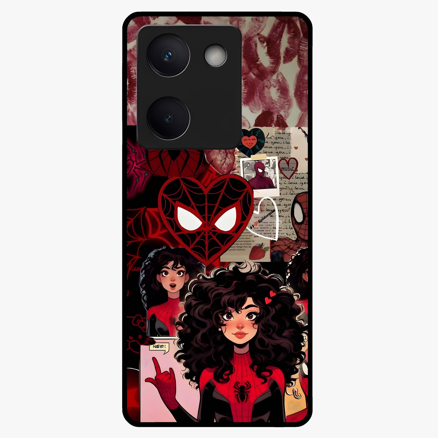 Spider Love Story Glass Case showing flat back view with romantic superhero themed artwork and glossy glass finish.