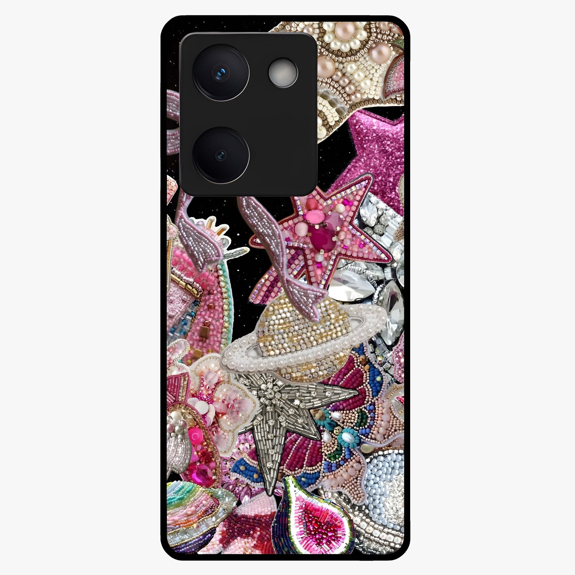 Starlit Jewel Dream Glass Case showing flat back view with sparkling jewel and star themed artwork and glossy glass finish.