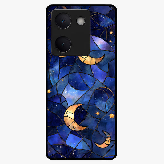 Starlit Sky Tapestry Glass Case showing flat back view with decorative starry sky tapestry artwork and glossy glass finish.