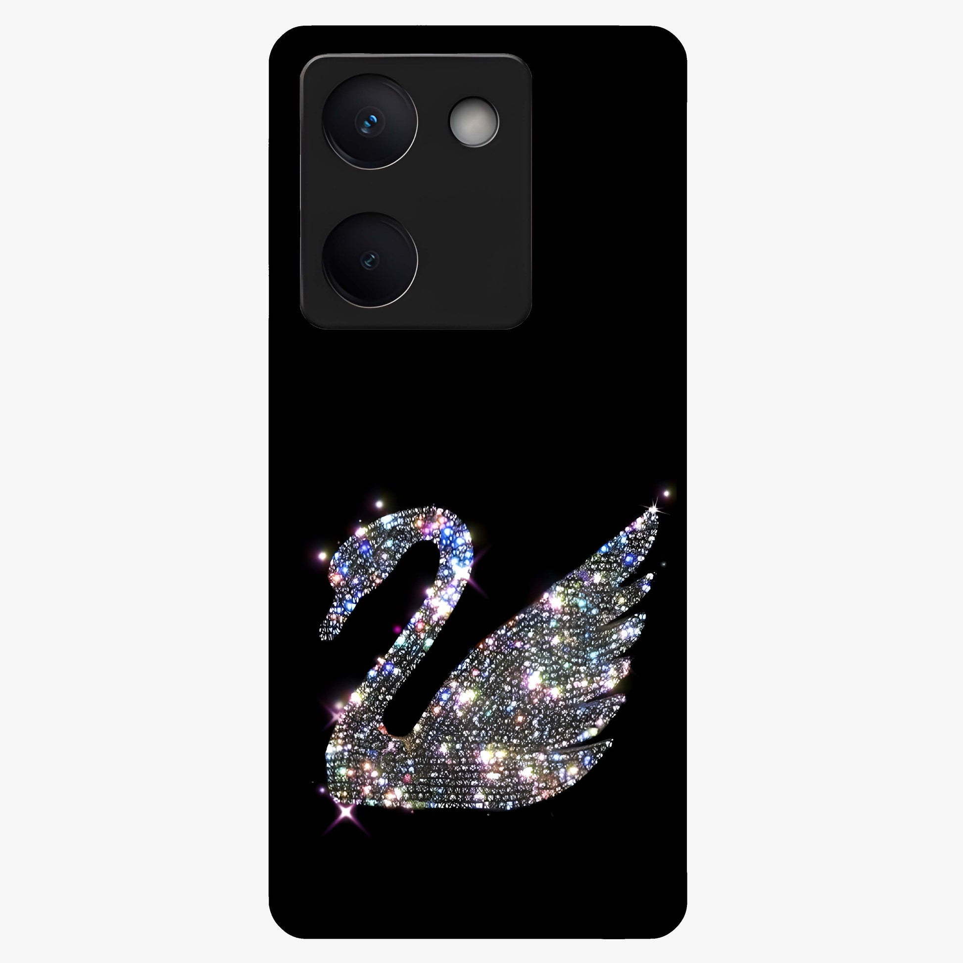Starlit Swan Grace Glass Case showing flat back view with graceful swan artwork under starry sky and glossy glass finish.