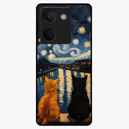 Starry River Cats Glass Case showing flat back view with cats by a starry river artwork and glossy glass finish.