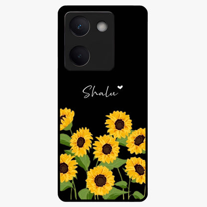 Sunflower Chic Mood Custom Name Glass Case showing flat back view with stylish sunflower artwork and personalized name design.